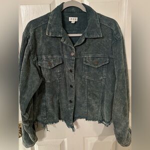 POL Distressed Green Button Down Frayed Hem Corduroy Trucker Jacket | M